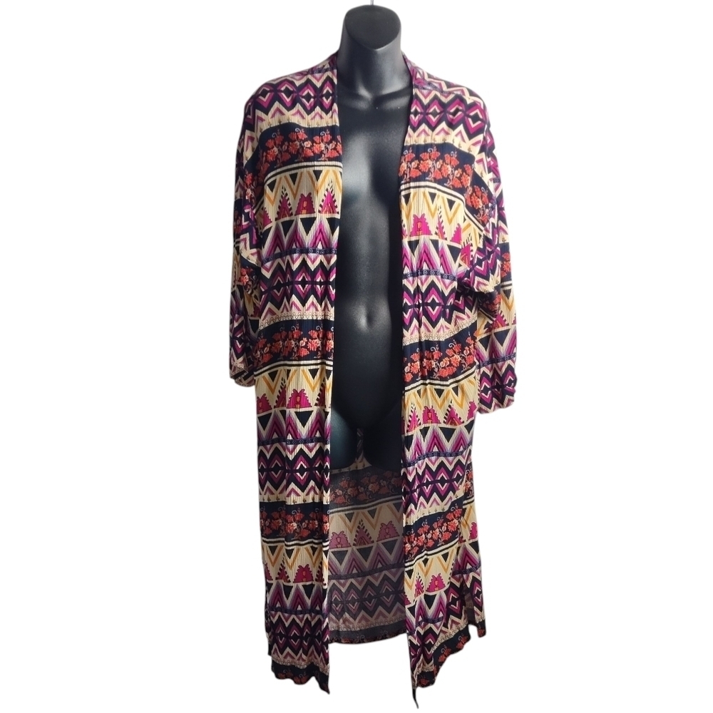 Paul & Zara Duster Kimono Robe Sz Medium Multicolor Geometric Print Boho Artsy